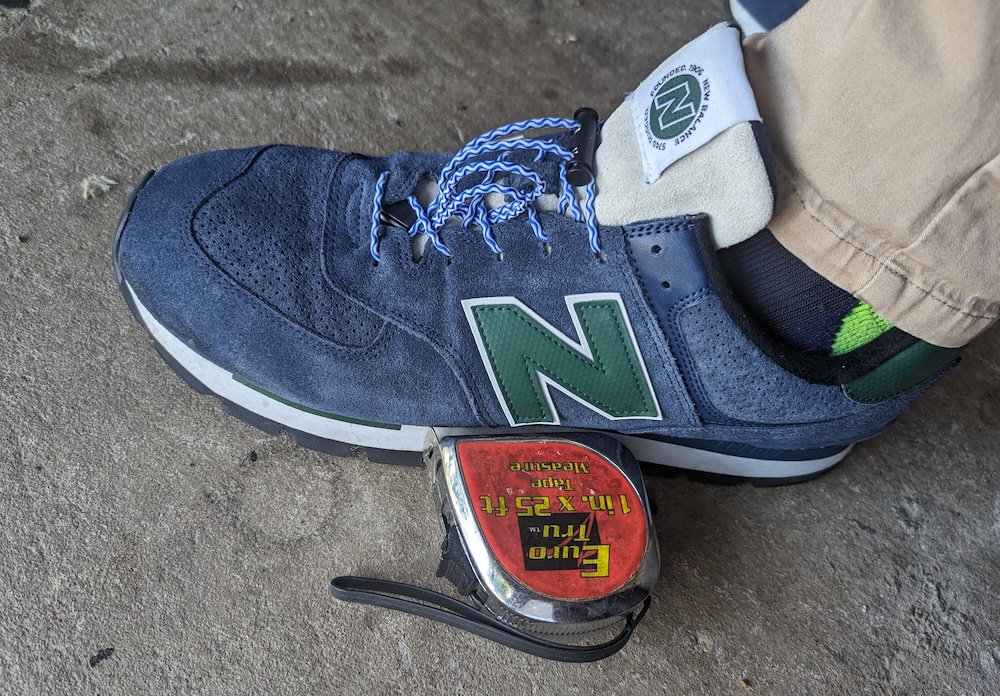 Blue and green New Balance shoes in Size 16